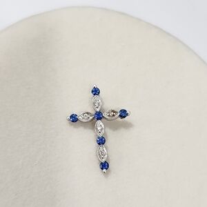 Beautiful 14K White Gold Diamond and Blue Sapphire Cross Pendant